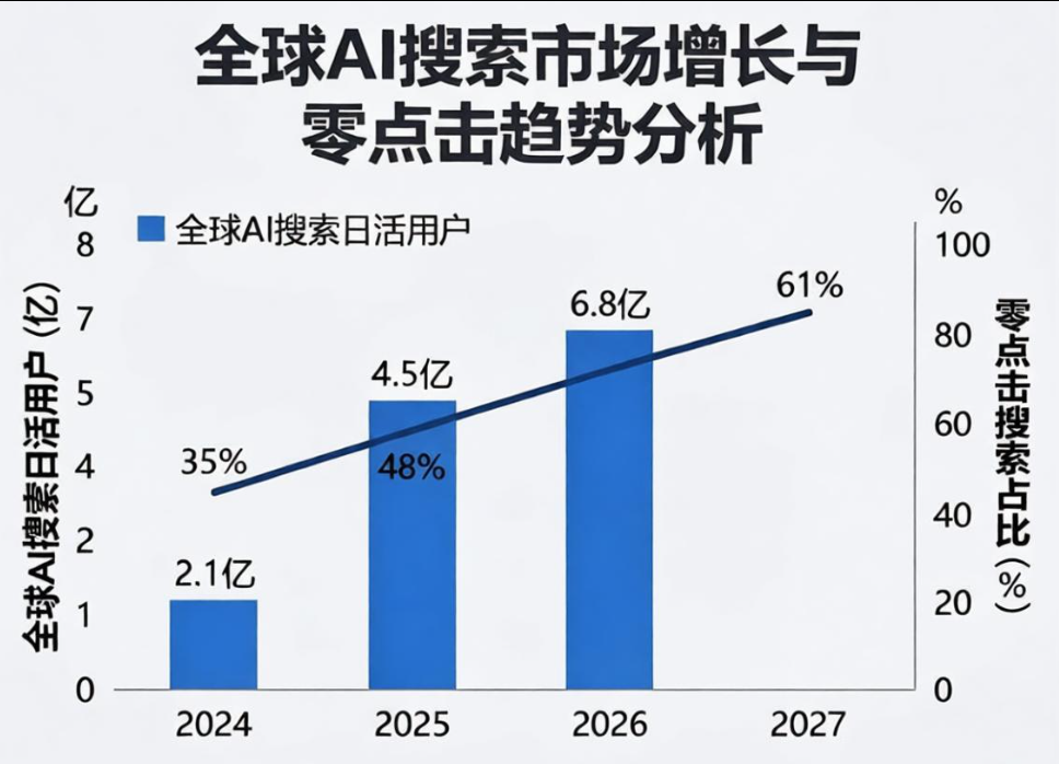 2024-2026年全球AI搜索市场增长趋势图：展示AI搜索日活用户从2.1亿增长至6.8亿，零点击搜索占比从35%上升至61%，并标注2026-2027年为GEO布局关键窗口期
